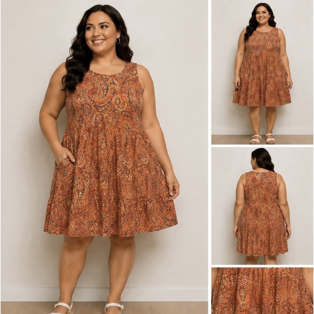 New SIGRID OLSEN PLUS‎ 3X SLEEVELESS ORANGE PAISLEY MIDI TIRED DRESS CASUAL #48